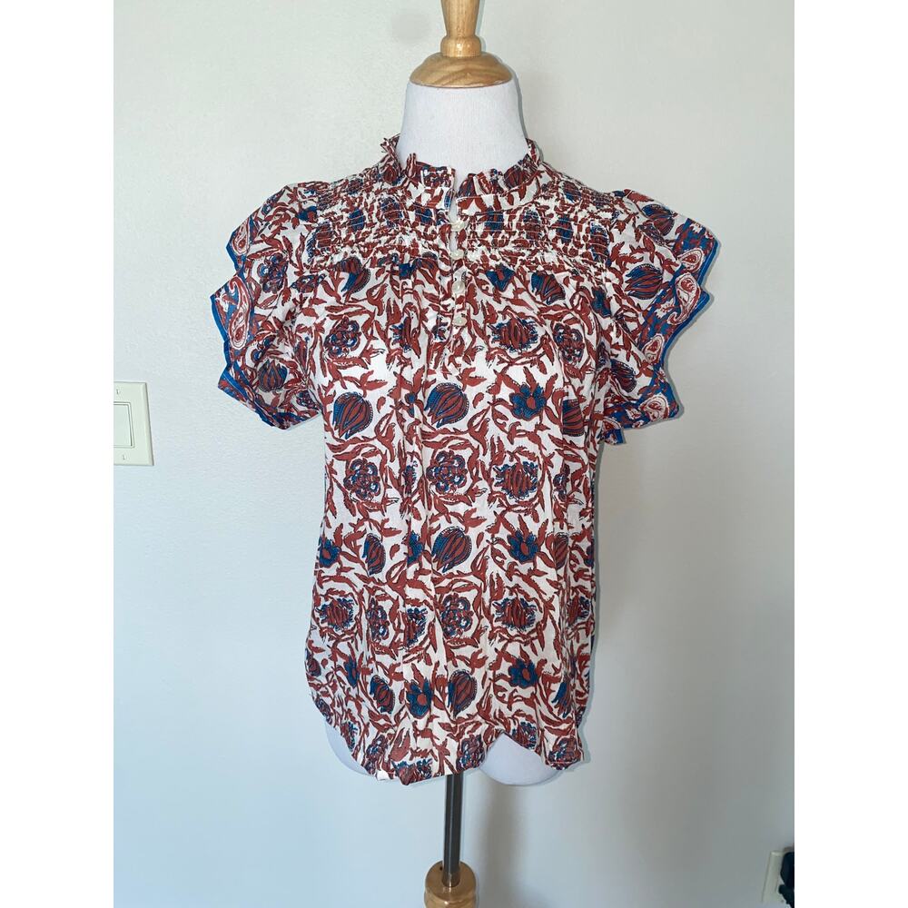 House of Harlow 1960 Marble Rust Ruffle Sleeve Blouse Smocked Top Size Medium
